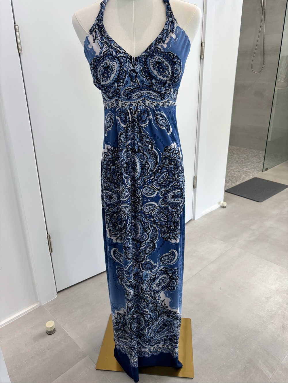 Carole Little Blue and White Paisley Halter Maxi Dress — Empire Waist